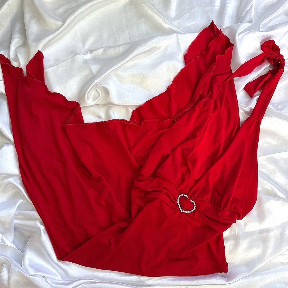 Body Central Red Halter Handkerchief Hem Dress Rhinestone Heart Y2K Small